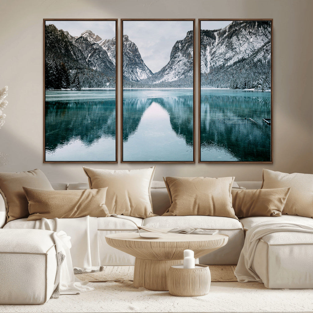 Mountain Lake Wall Art Canvas Print, Framed Toblacher See Winter Wonderland