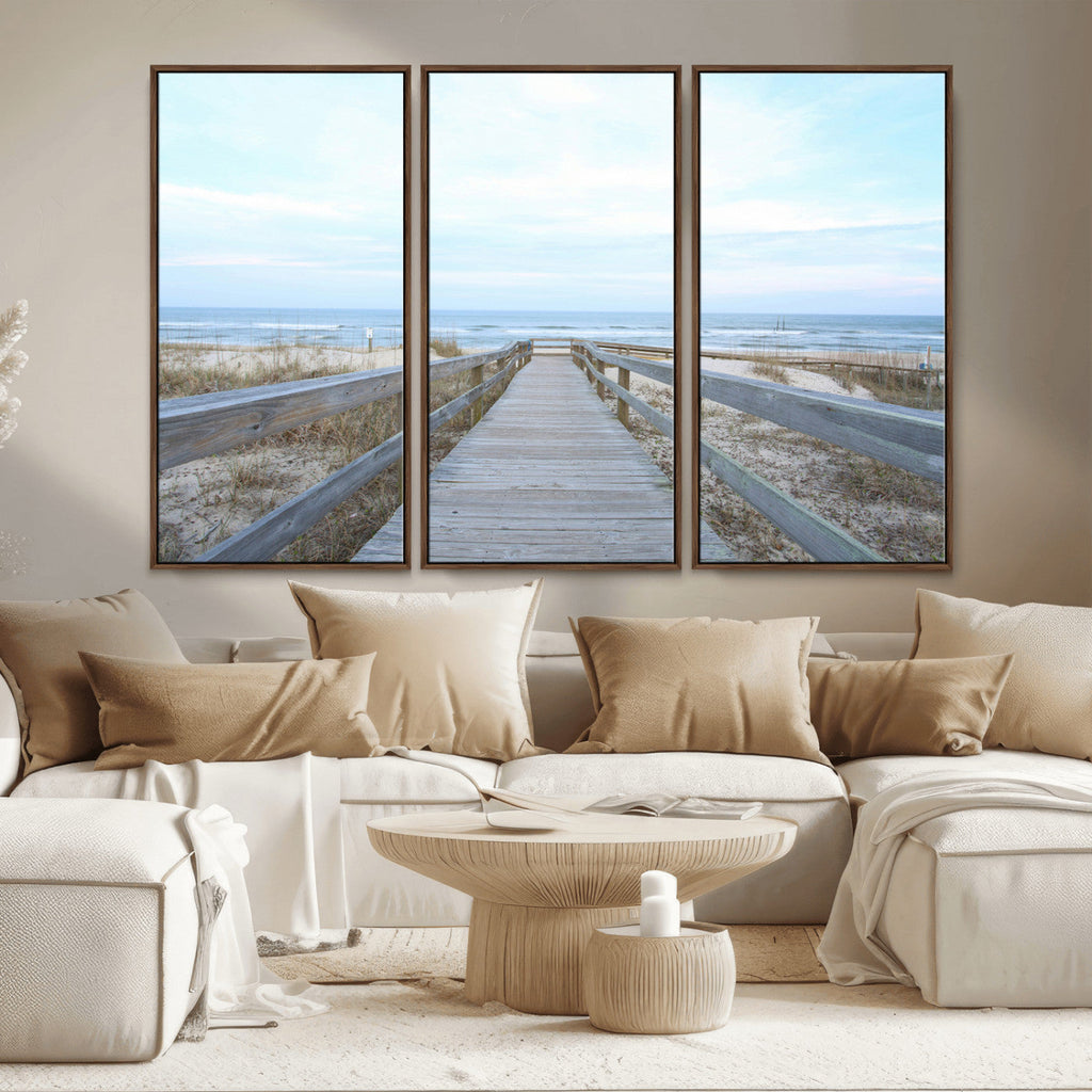 Beach Boardwalk Wall Art Canvas Print, Framed Coastal Serenity Ocean View