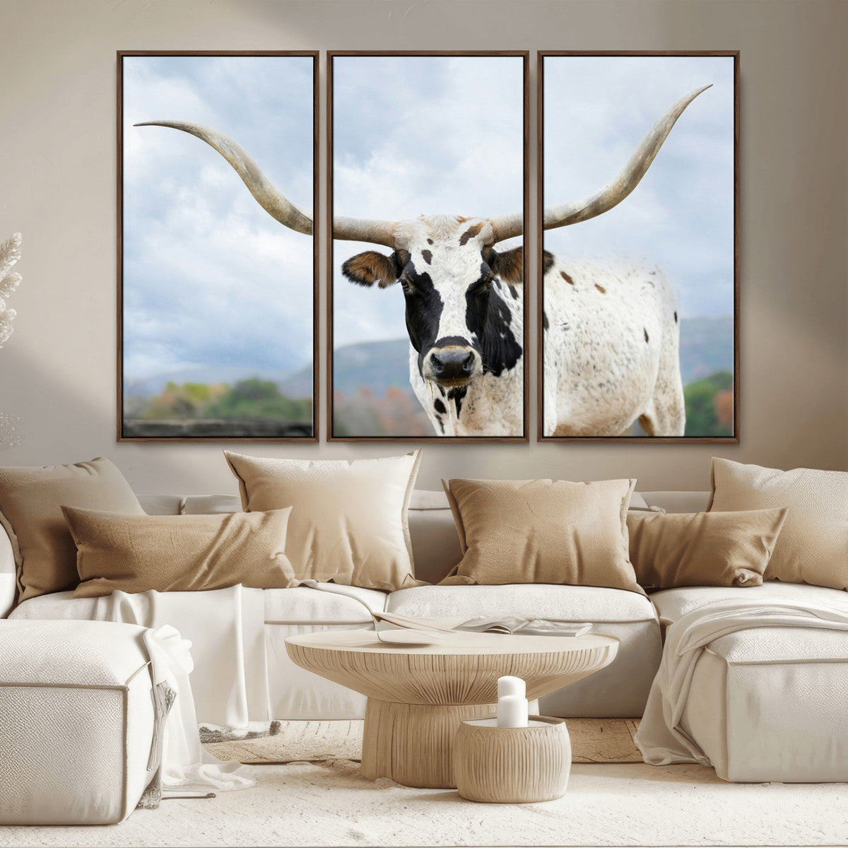 Texas Longhorn Wall Art Canvas Print, Framed Western Rustic Farmhouse