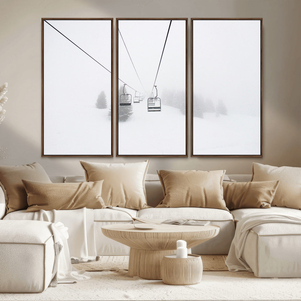 Ski Lift Wall Art Canvas Print, Framed Snowy Landscape Art, Alpine Adventure Nordic Minimalist Decor