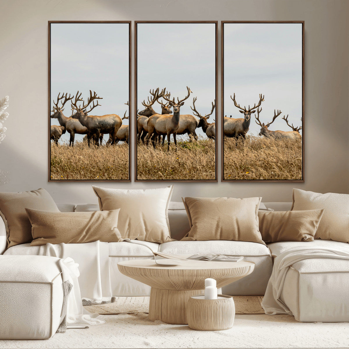 Elk Herd Wall Art Canvas Print, Framed Wildlife Photography Art, Majestic Antlers Rustic Wildlife Decor