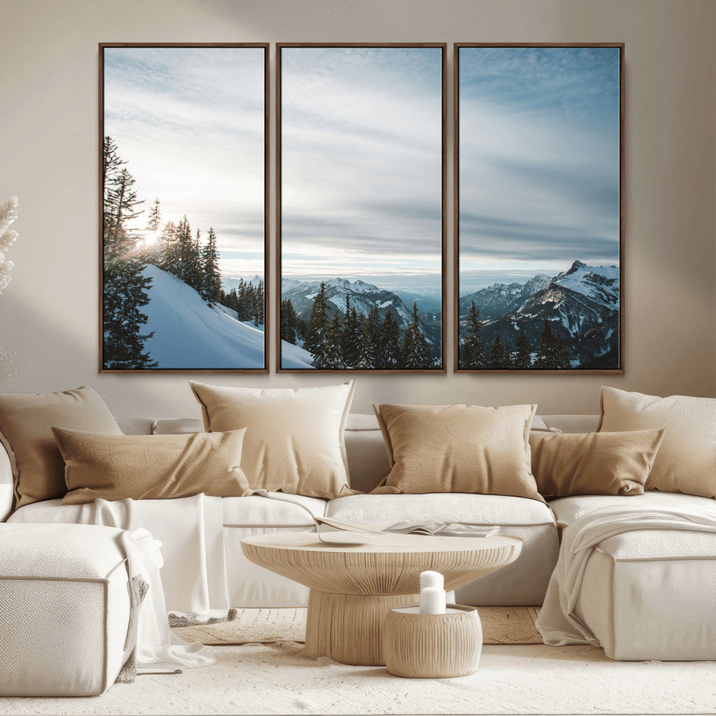 Snowy Mountains Wall Art Canvas Print, Framed Alpine Landscape Frosty Peaks Artwork
