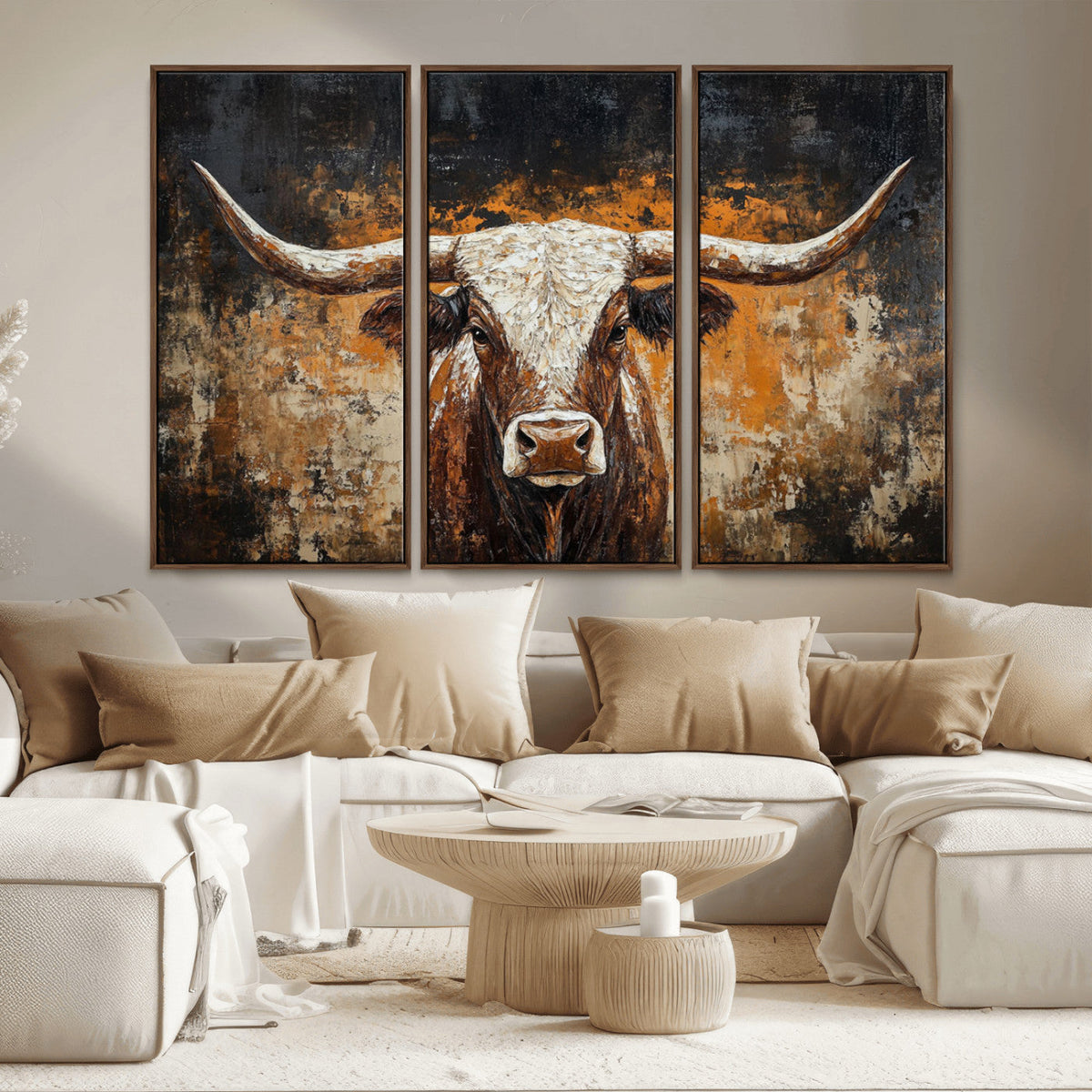 Abstract Longhorn Bull Wall Art Canvas Print, Vintage Western Texas Steer Artwork