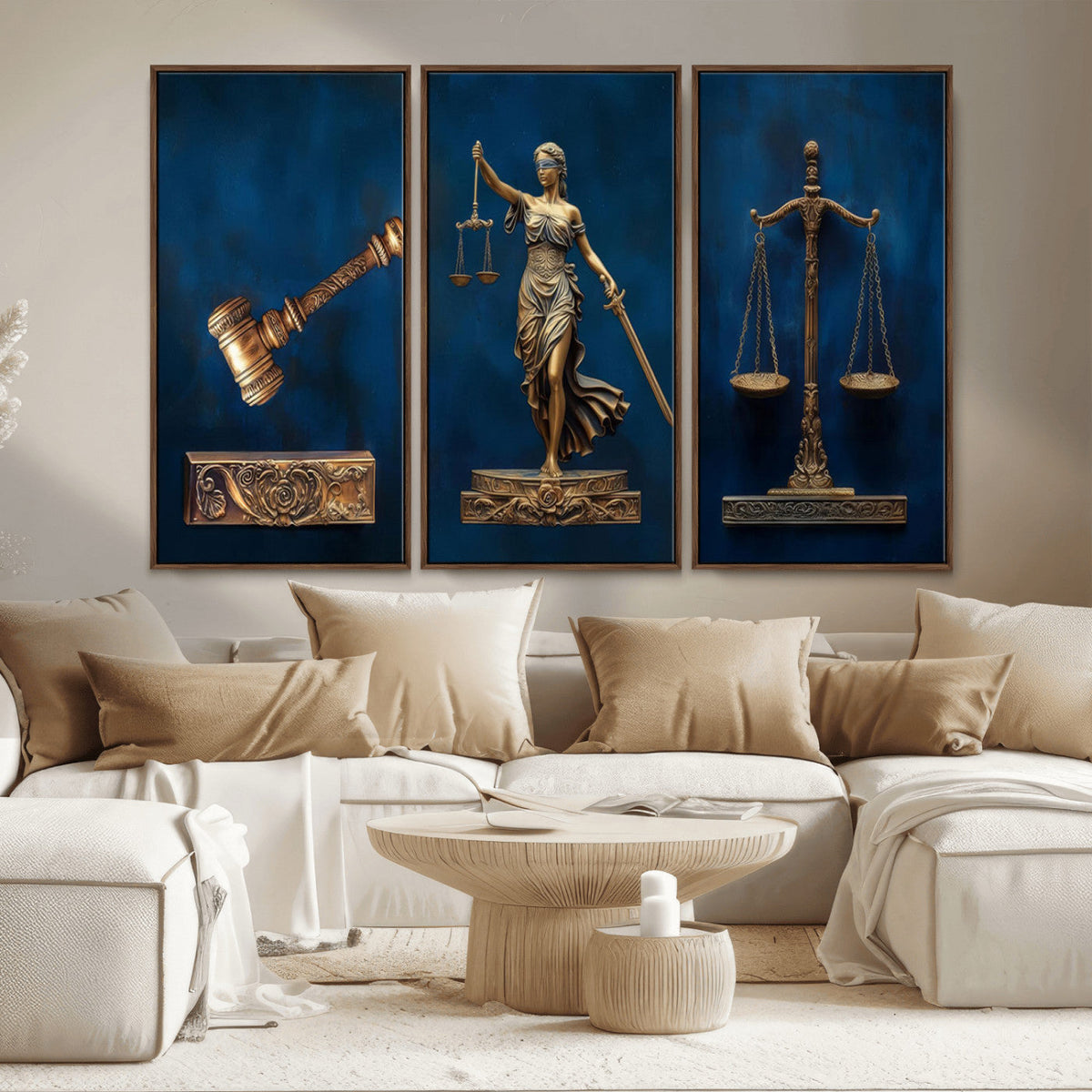 Lady Justice Wall Art Canvas Print, Elegant Gold Legal Symbols on Blue, Law Office Decor