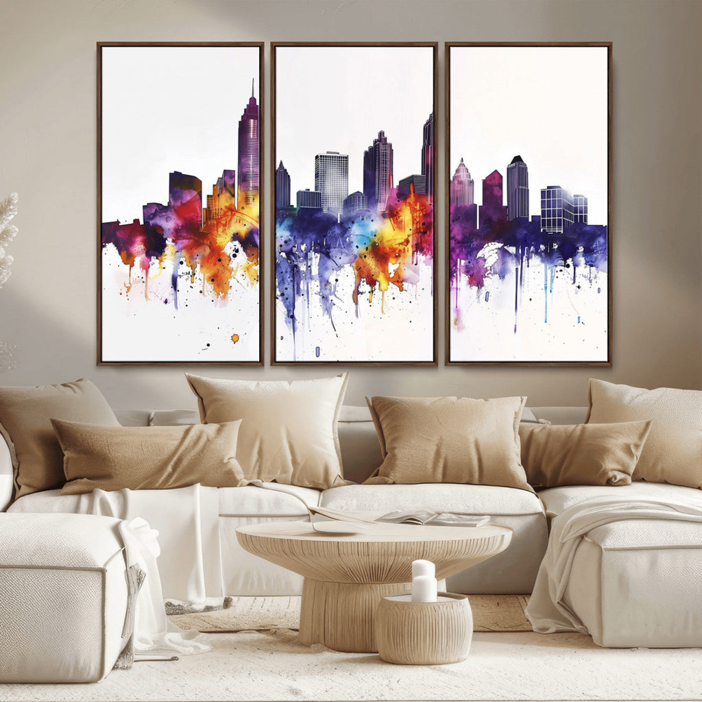 Atlanta Skyline Wall Art Canvas Print, Framed Colorful Watercolor Cityscape