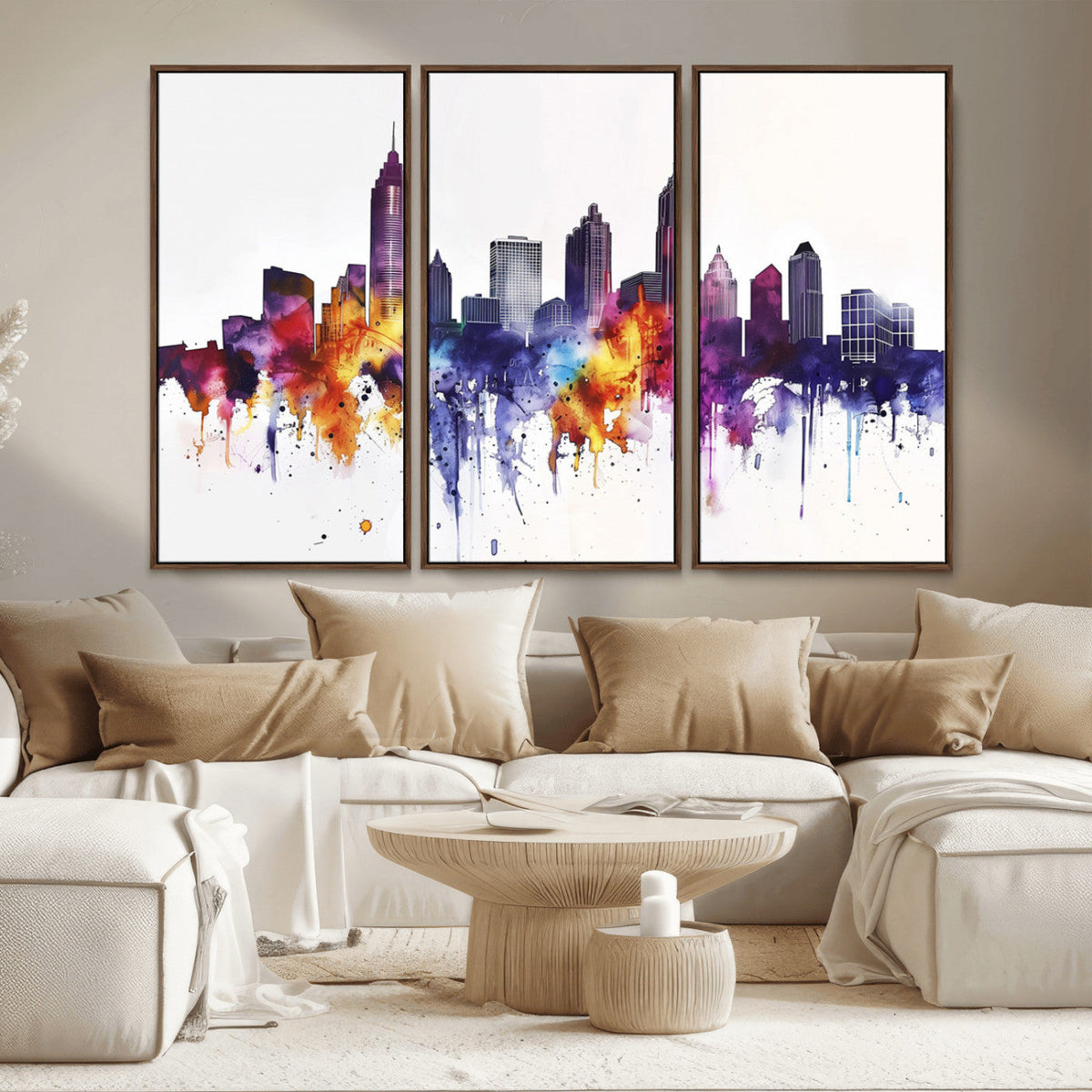 Atlanta Skyline Wall Art Canvas Print, Framed Colorful Watercolor Cityscape