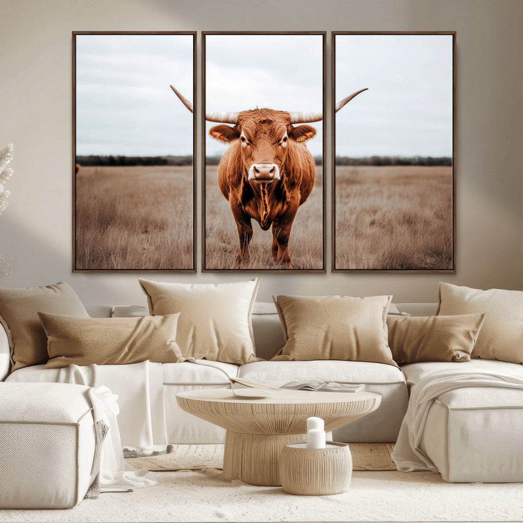 Longhorn Bull Wall Art Canvas Print, Framed Rustic Decor