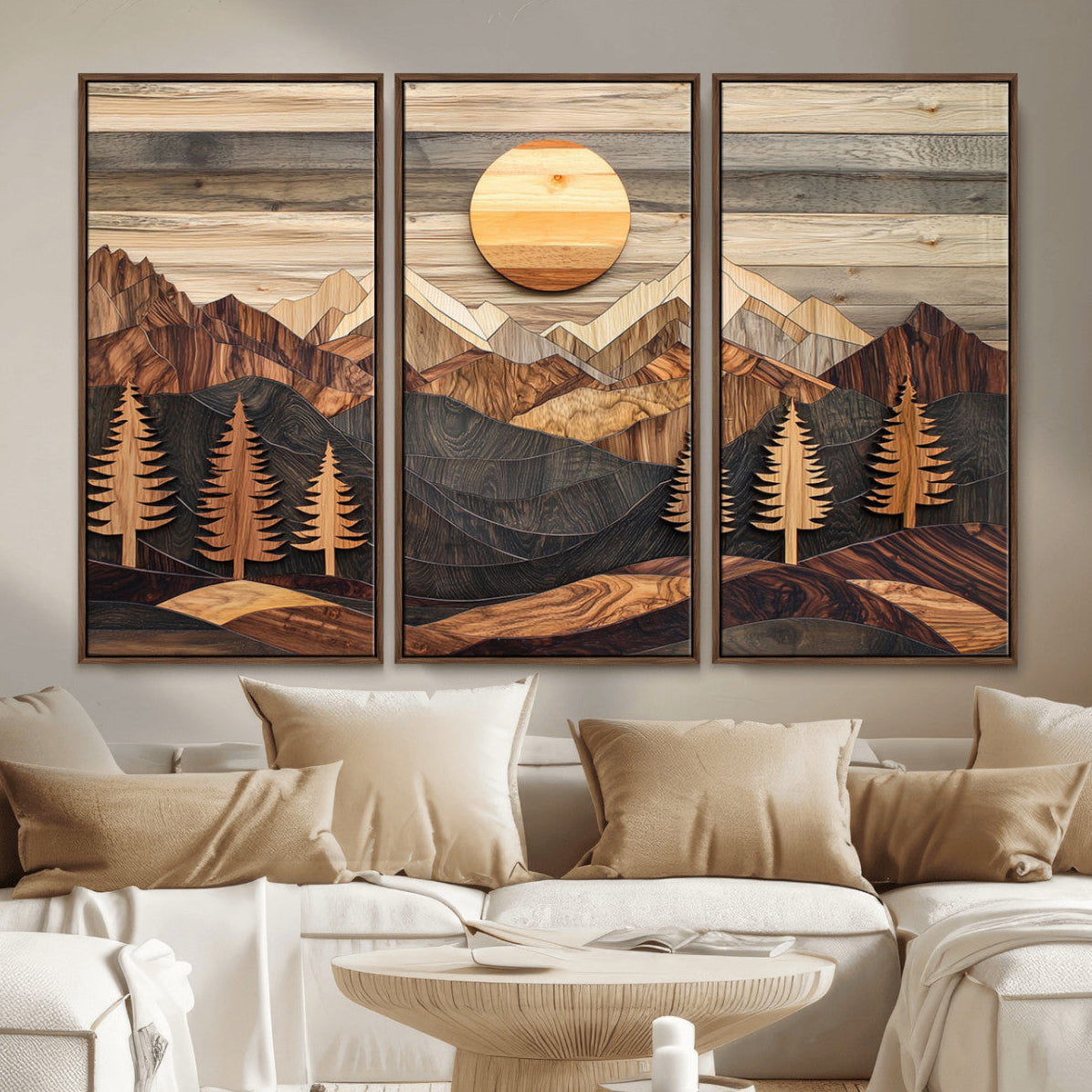 Wooden Mountain Layers Art | Rustic Pine Tree Landscape