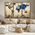 World Map Canvas Print | Vintage Blue and Gold World Map Wall Art