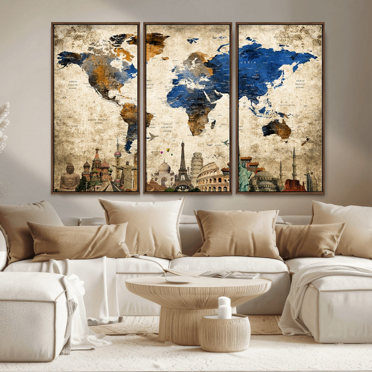 World Map Canvas Print | Vintage Blue and Gold World Map Wall Art