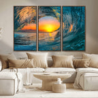 Ocean Wave Sunset Wall Art | Large Coastal Wave Canvas Print