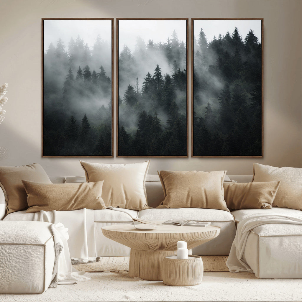 Foggy Forest Wall Art Canvas Print | 3 Panel Large Misty Landscape