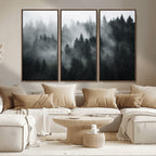 Foggy Forest Wall Art Canvas Print | 3 Panel Large Misty Landscape