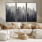 Misty Forest Canvas Wall Art | Monochrome Triptych Pine Tree Print