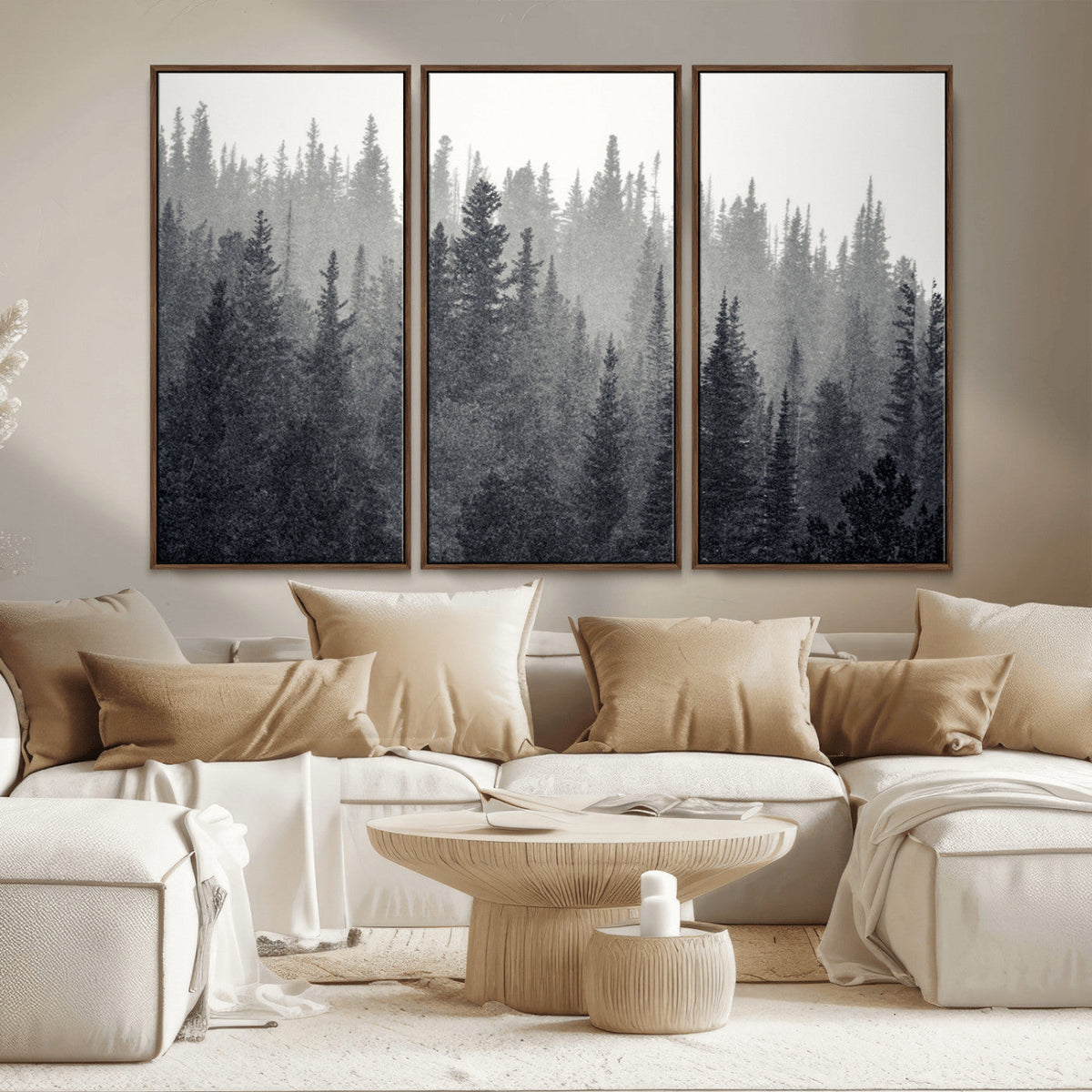 Misty Forest Canvas Wall Art | Monochrome Triptych Pine Tree Print