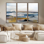 Abstract Landscape Wall Art Canvas | 3 Panel Modern Blue, Gold and White Canvas Art