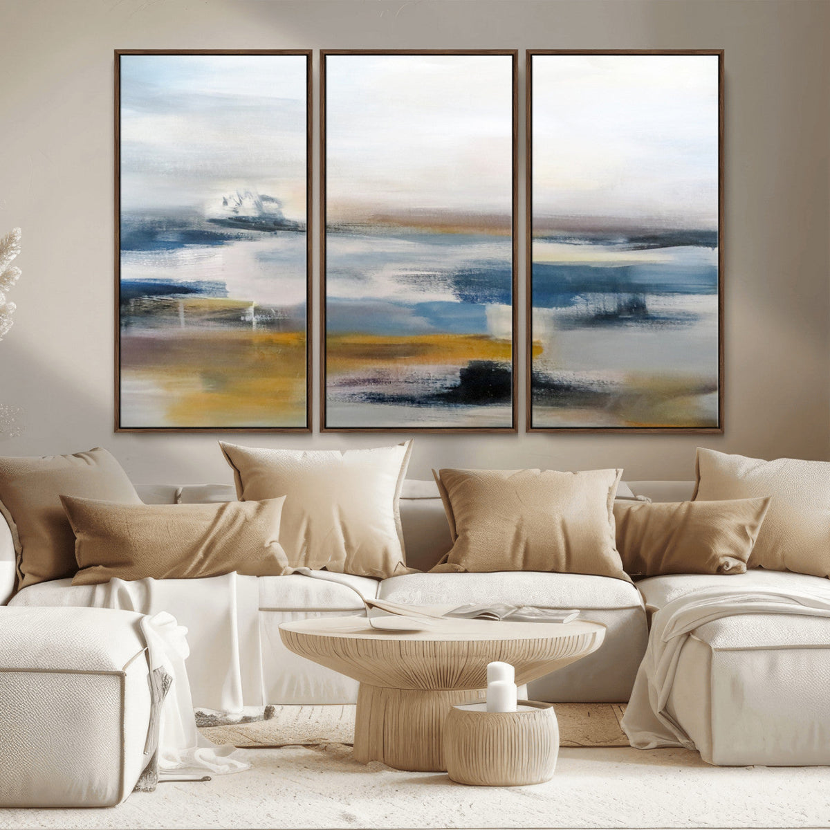 Abstract Landscape Wall Art Canvas | 3 Panel Modern Blue, Gold and White Canvas Art