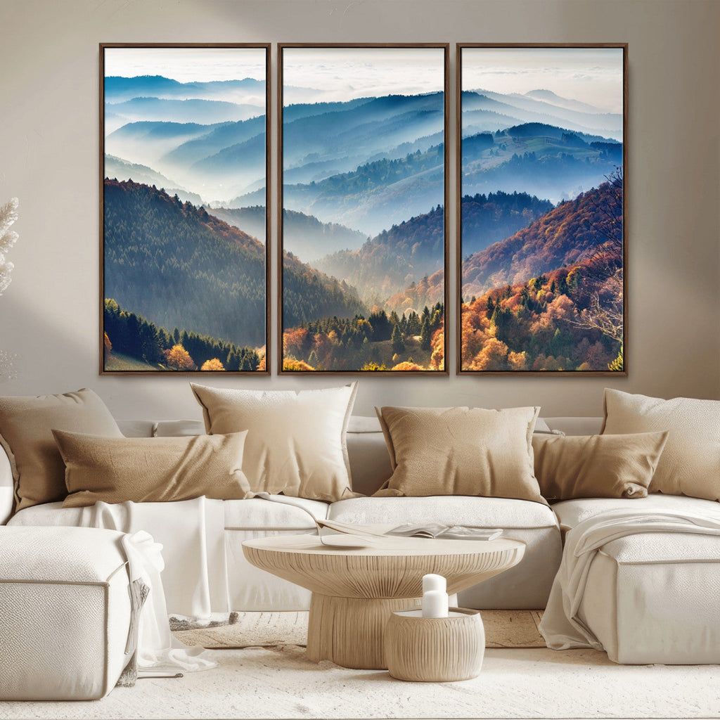 Misty Mountain Sunrise Triptych Canvas Print | Autumn Landscape Wall Art