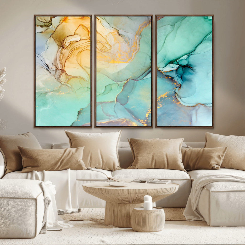 Abstract Aqua and Gold Fluid Wall Art Canvas | 3 Panel Large Canvas Print