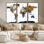 Modern Abstract World Map Canvas Wall Art | Framed Blue and Gold Map Print