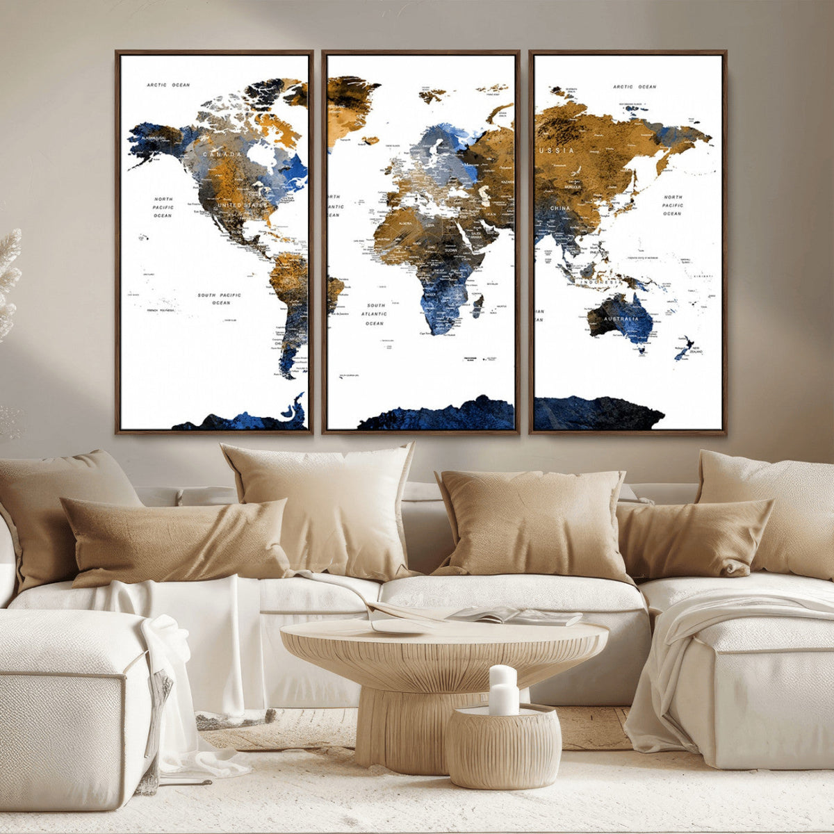 Modern Abstract World Map Canvas Wall Art | Framed Blue and Gold Map Print