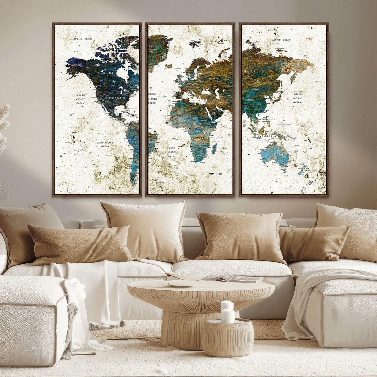 Vintage World Map Wall Art Canvas Print, Framed Rustic Earth Tone Map