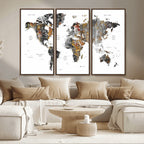 Modern Metallic World Map Canvas Wall Art | Framed Contemporary World Map Print