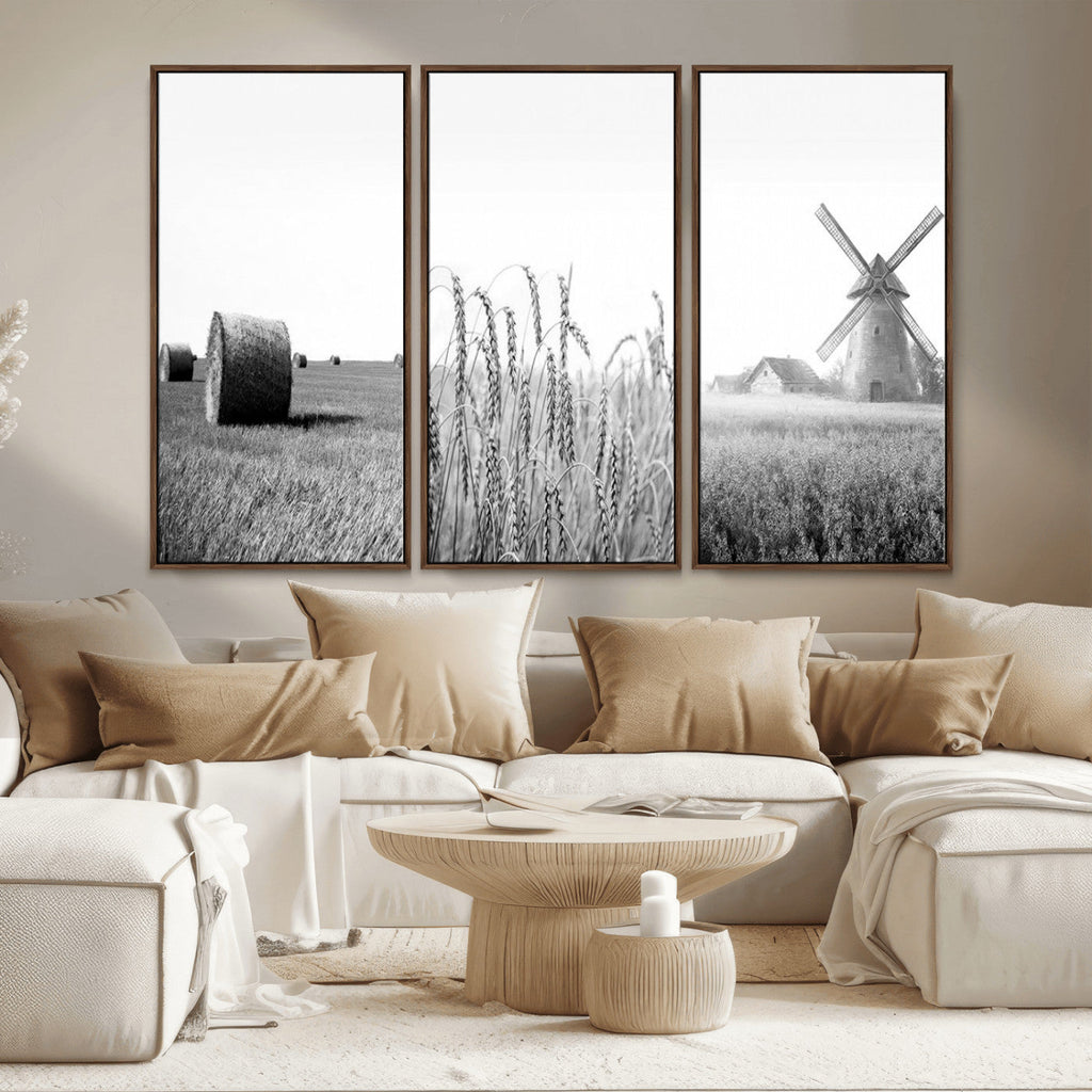 Vintage Farmhouse Black and White Triptych Wall Art, Giclee Canvas with Wheat Fields, Hay Bales and Windmill