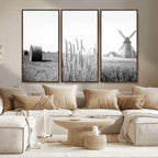 Vintage Farmhouse Black and White Triptych Wall Art, Giclee Canvas with Wheat Fields, Hay Bales and Windmill