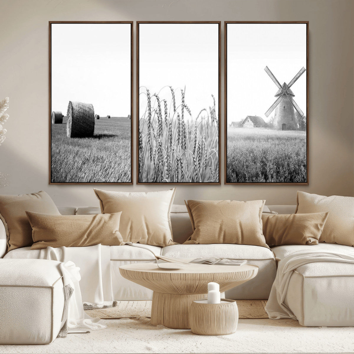 Vintage Farmhouse Black and White Triptych Wall Art, Giclee Canvas with Wheat Fields, Hay Bales and Windmill