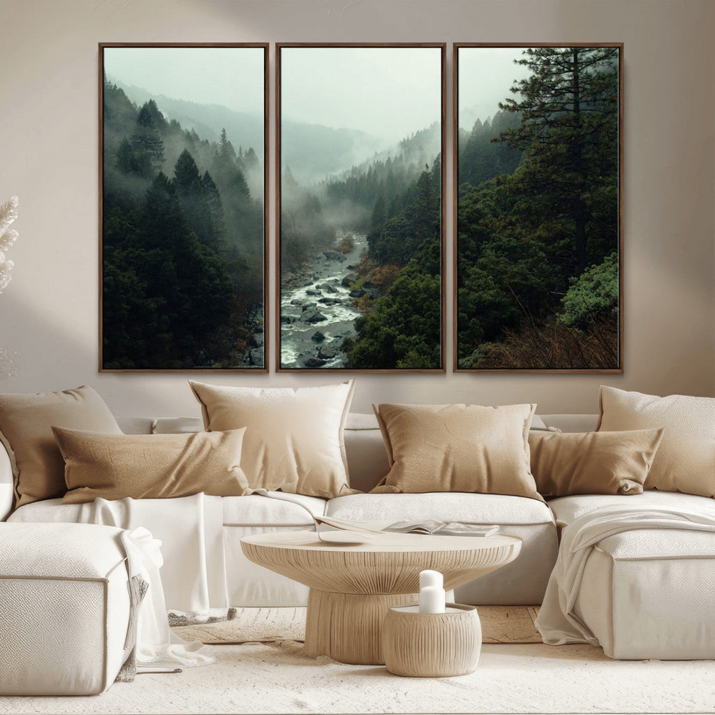Misty Forest Wall Art, Tranquil Nature Landscape, Ready to Hang | Extra Large 3 Piece Canvas Wall Art