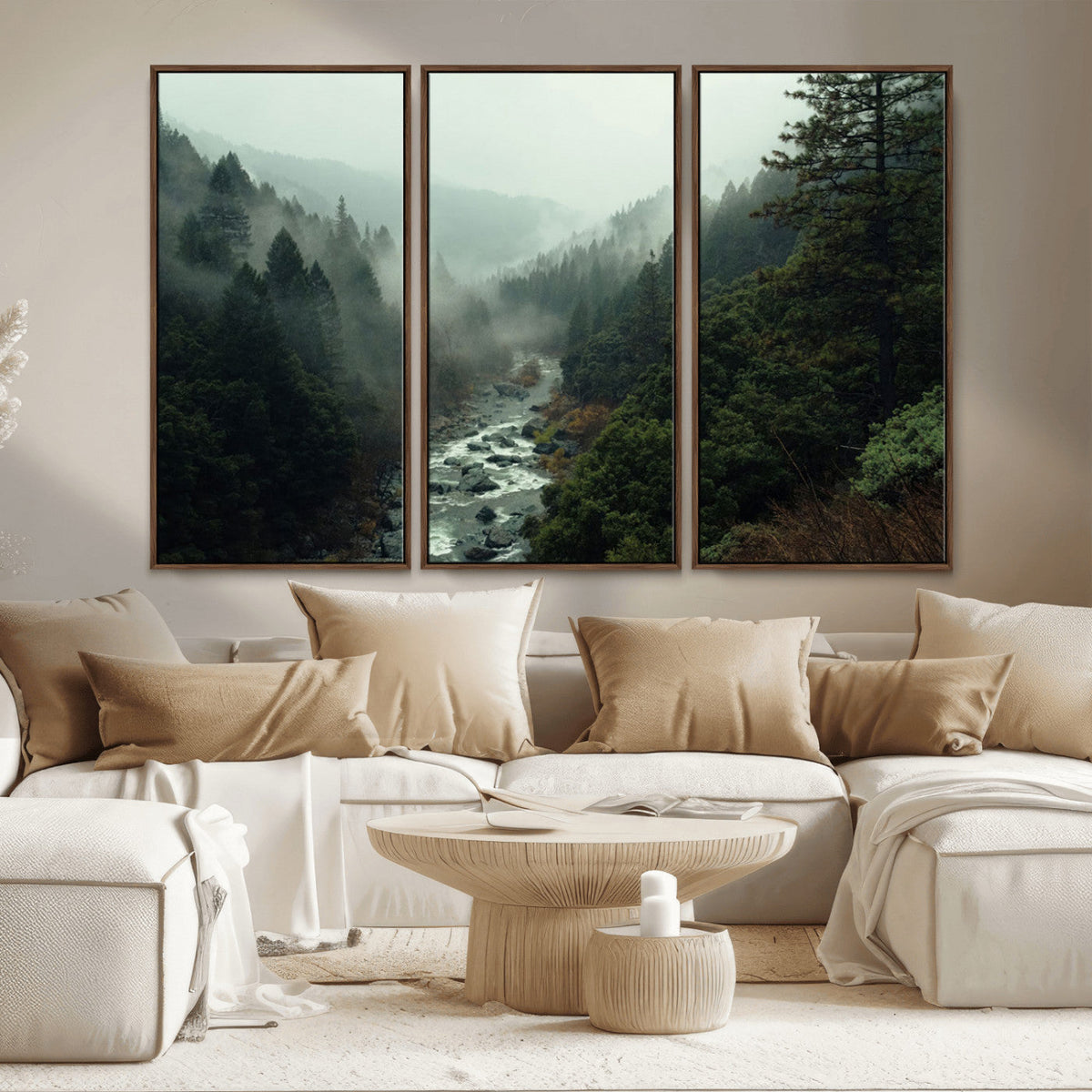 Misty Forest Wall Art, Tranquil Nature Landscape, Ready to Hang | Extra Large 3 Piece Canvas Wall Art