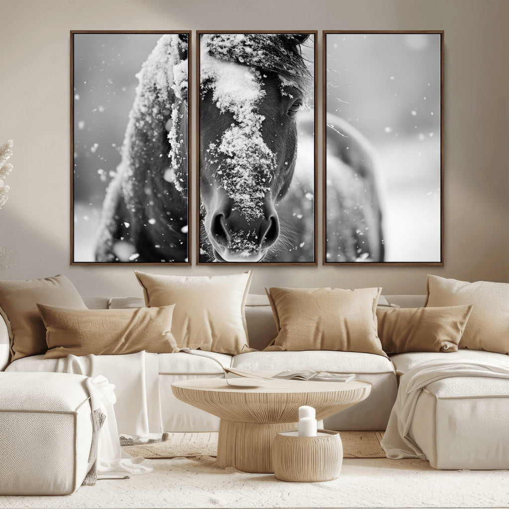 Black and White Horse Winter Wall Art, Ready to Hang