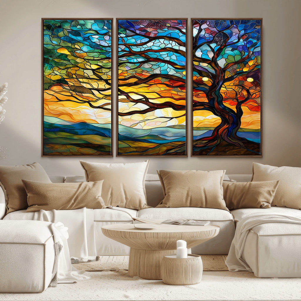 Vibrant Mosaic Tree of Life Wall Art, Stained Glass Style Canvas Print