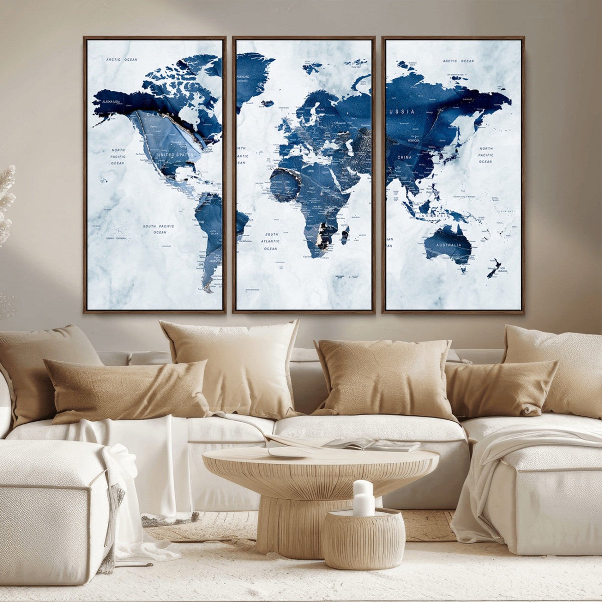 Modern Blue World Map Canvas Print | Elegant Travel Map Wall Art for Home Office