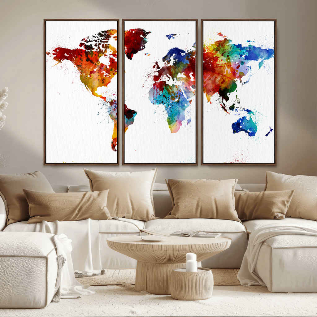 Colorful World Map Canvas Wall Art Print, Contemporary Global Map Artwork