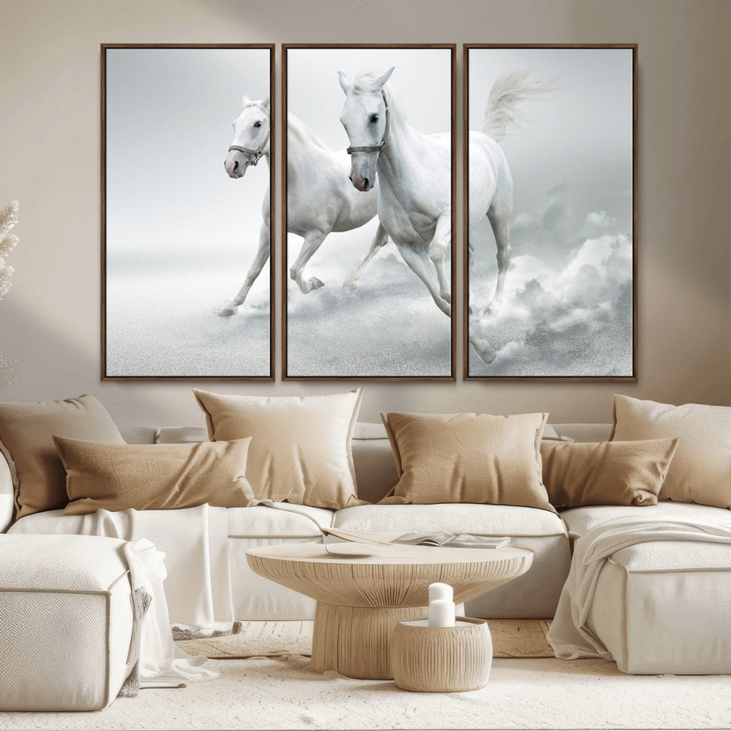 Large Wall Art Canvas Print, Beautiful Running White Horses