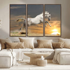 Large Wall Art Canvas Print, White Jumping Horse at Sunset