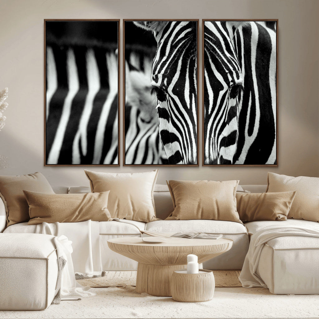 Zebra Wall Art | Zebra Close Up Canvas Print | Framed Black and White Wildlife