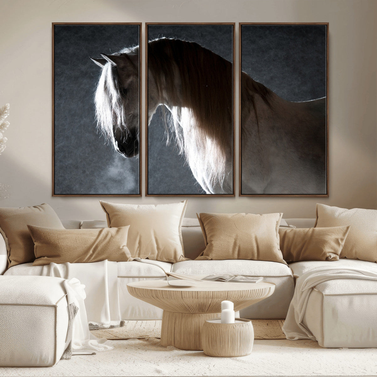 Large Wall Art Cream Colored Horse on Grey Background Canvas
