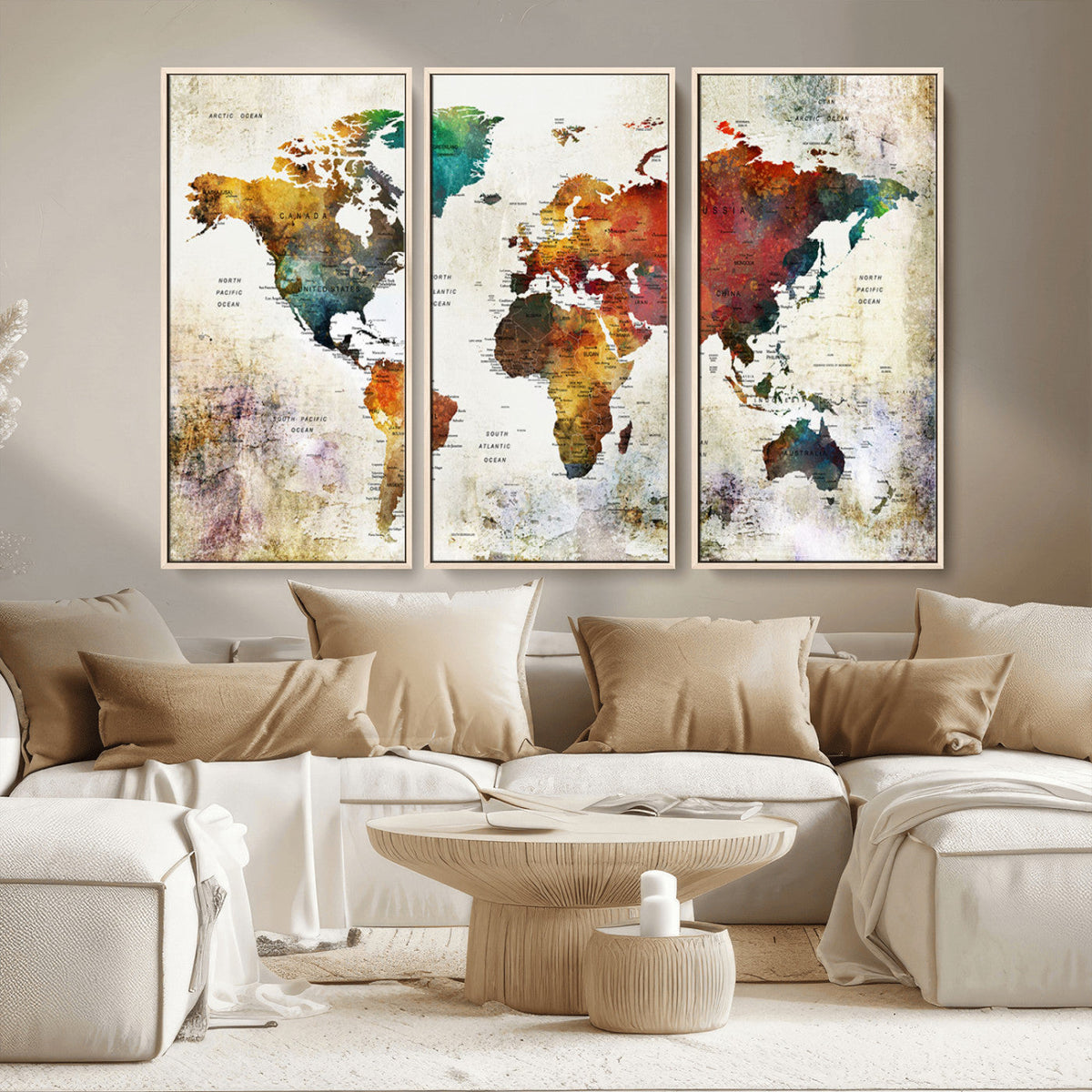 Watercolor World Map Canvas Print | Framed Travel Map Wall Art for Couples