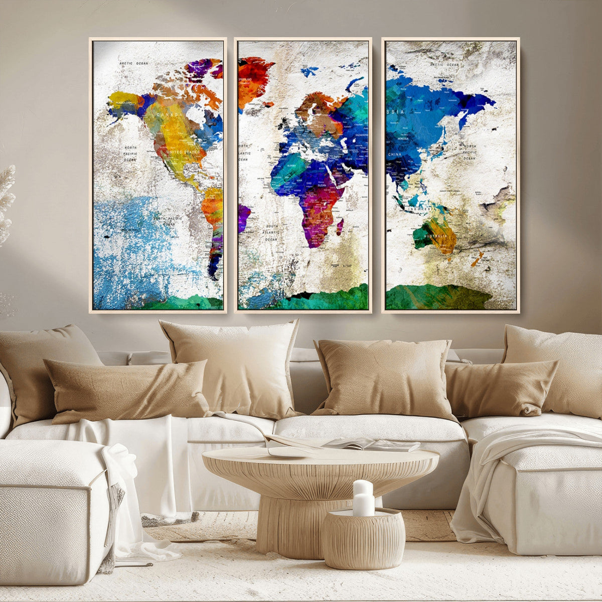 Navy Blue and Orange Watercolor World Map Canvas Print | Framed Travel Map