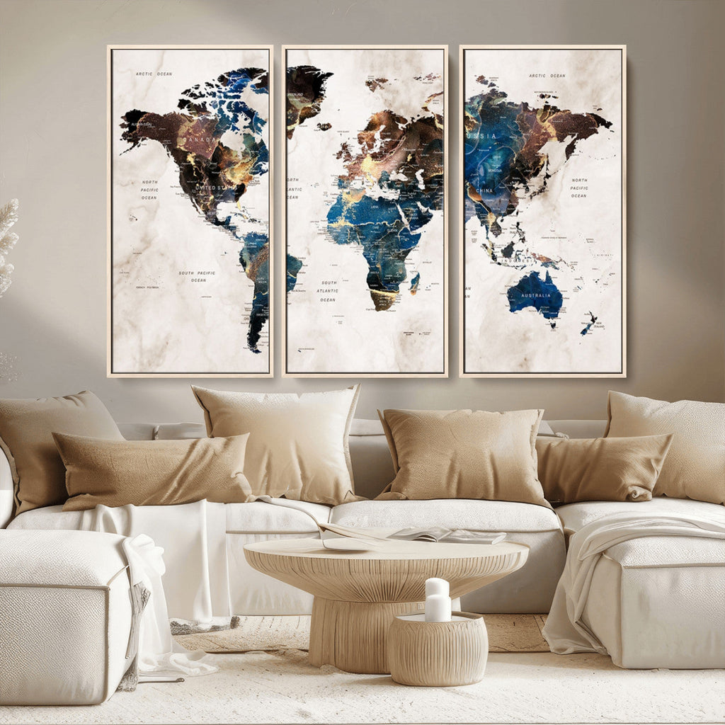 Abstract Earth Tone Blue World Map Canvas Print | Framed Travel Map Wall Art