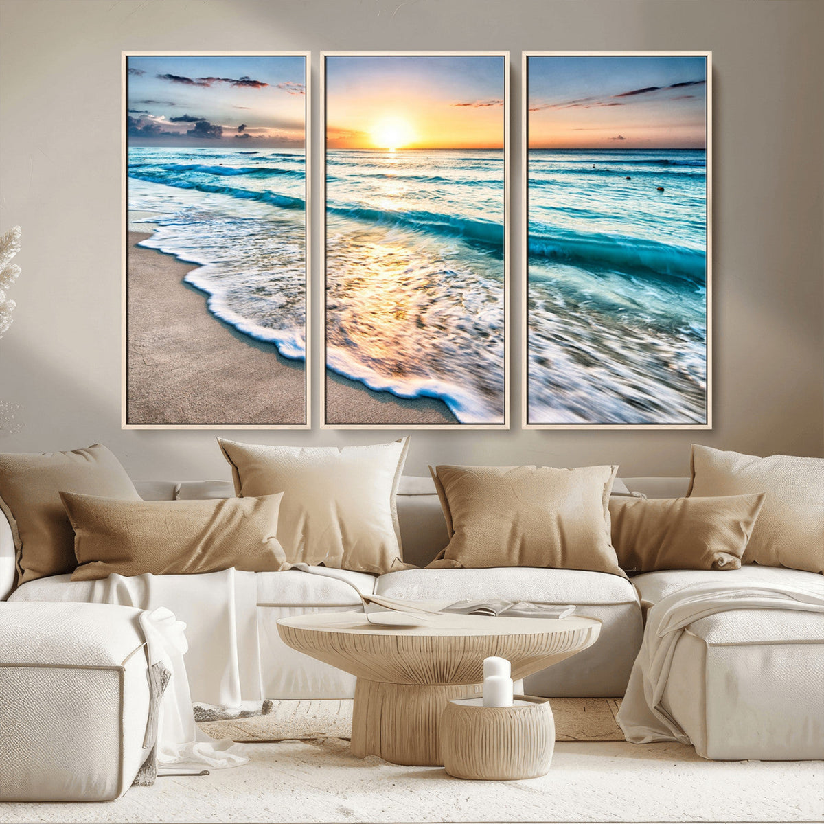 Sunset Beach Waves Canvas Wall Art | Ocean Sunset Coastal Print
