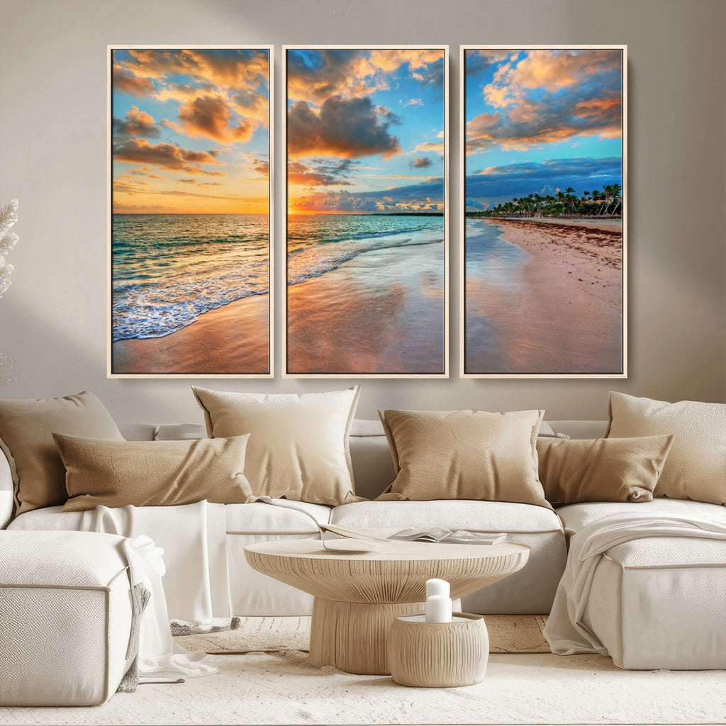 Sunset Beach Canvas Wall Art | Tropical Triptych Seascape Print