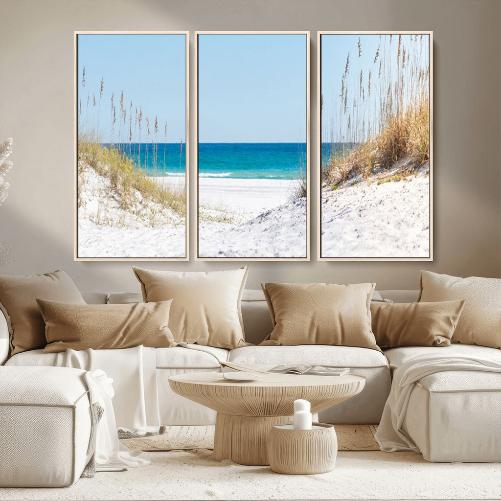 Serene Coastal Dune Path with Ocean View, 3-Panel Beach Canvas Wall Art
