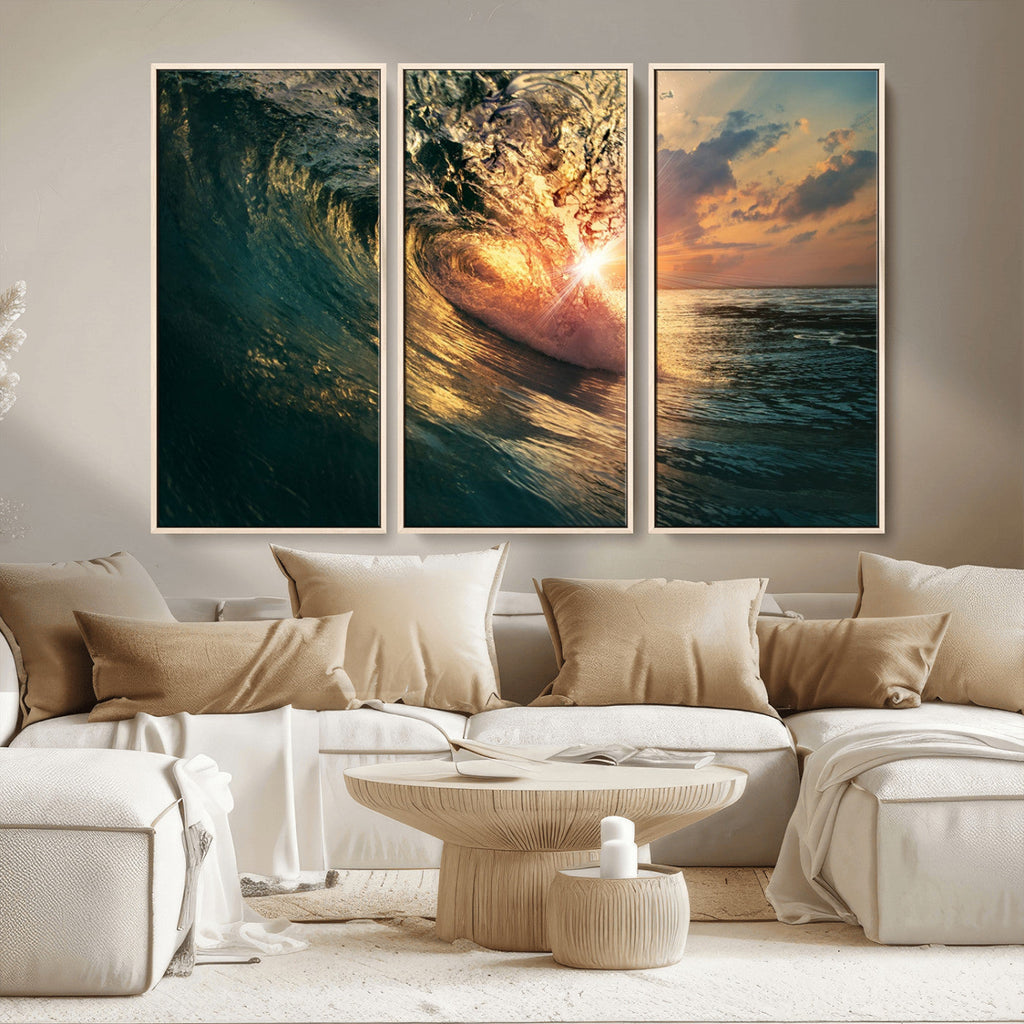 Ocean Wave Sunset Canvas Wall Art | Triptych Seascape Print