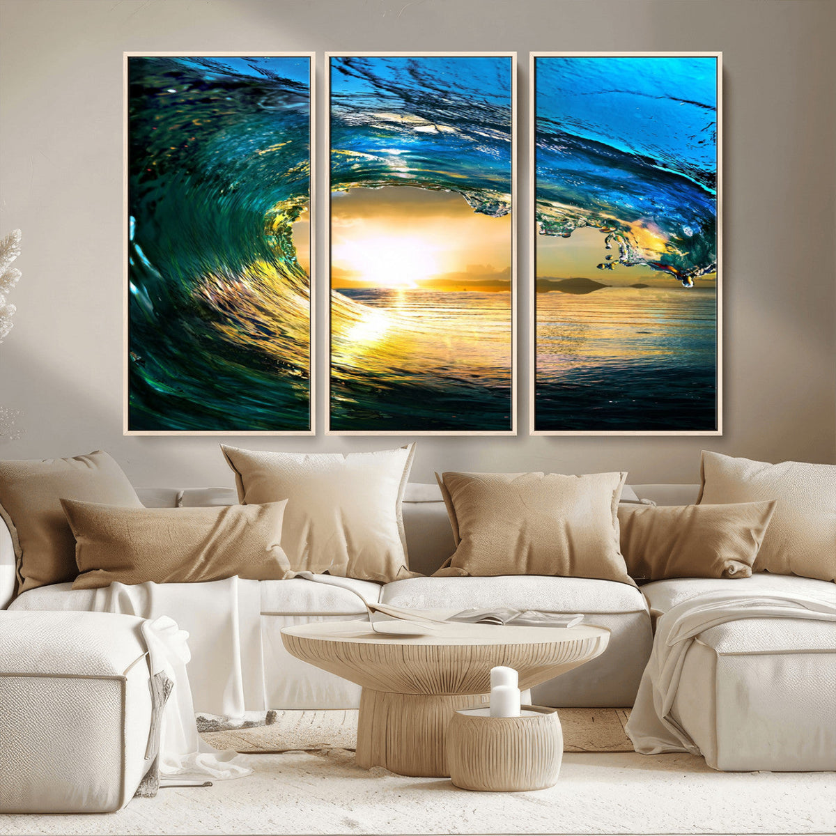 Ocean Wave at Sunset Canvas Art, Large Wall Print of Vibrant Surfing Wave