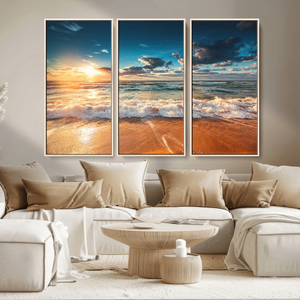 Golden Sunset Beach Triptych Canvas Art, Giclee Coastal Wall Decor, Ocean Waves Print