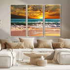 Golden Sunset Beach Canvas Wall Art | Triptych Seascape Print, Framed and Ready to Hang